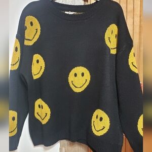 Ee:some Black Knit Pullover With Yellow Smiley Faces Med To Large Soft Y2k